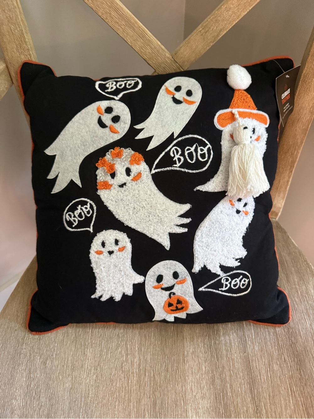 Celebrate together BOO ghost Halloween decorative pillow black square NEW!
